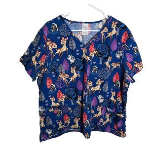 Disney Bambi Shirt Scrub Top Women's 2X Blue Short Sleeve Nurse Colorful